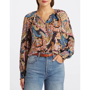 SANCTUARY Top Size XXS NEW Relaxed Button Blouse Metallic Gold Threading Buttons